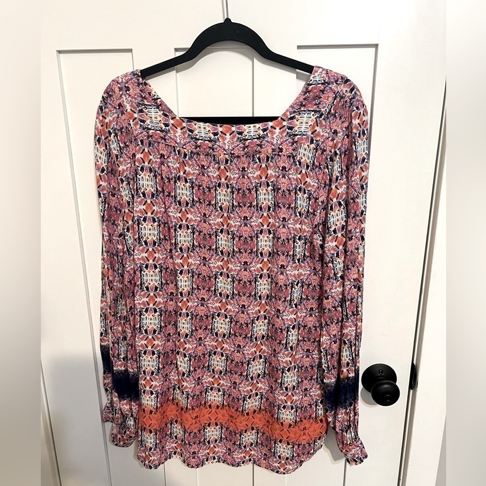 Caffe marrakech long sleeved peasant top boho blouse pink abstract floral L